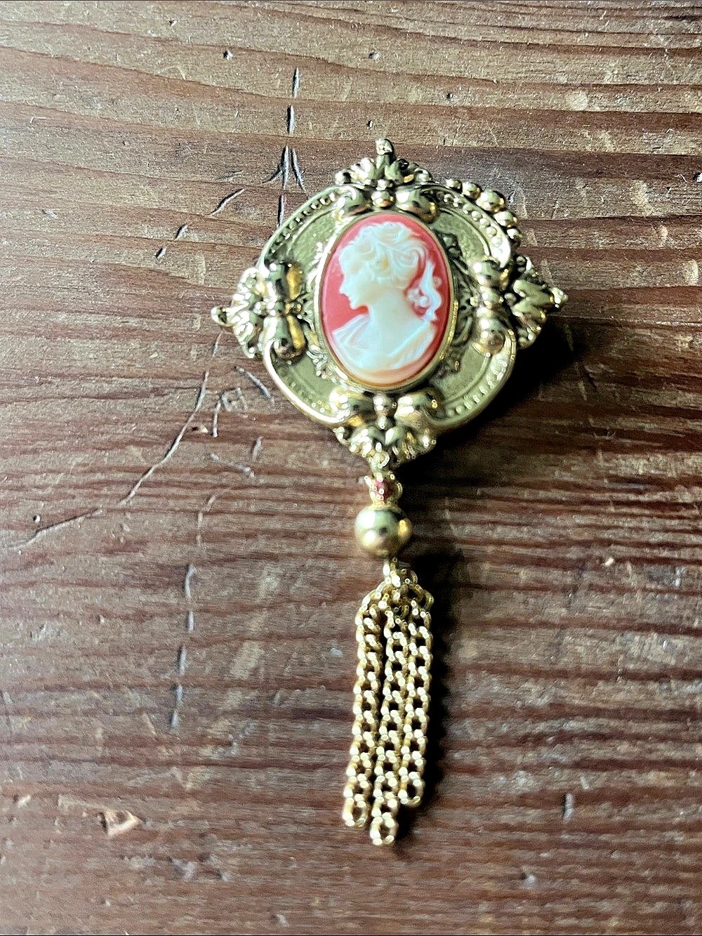 Vintage Cameo Brooch Pin with Tassel | Ornate Gold-Tone Filigree